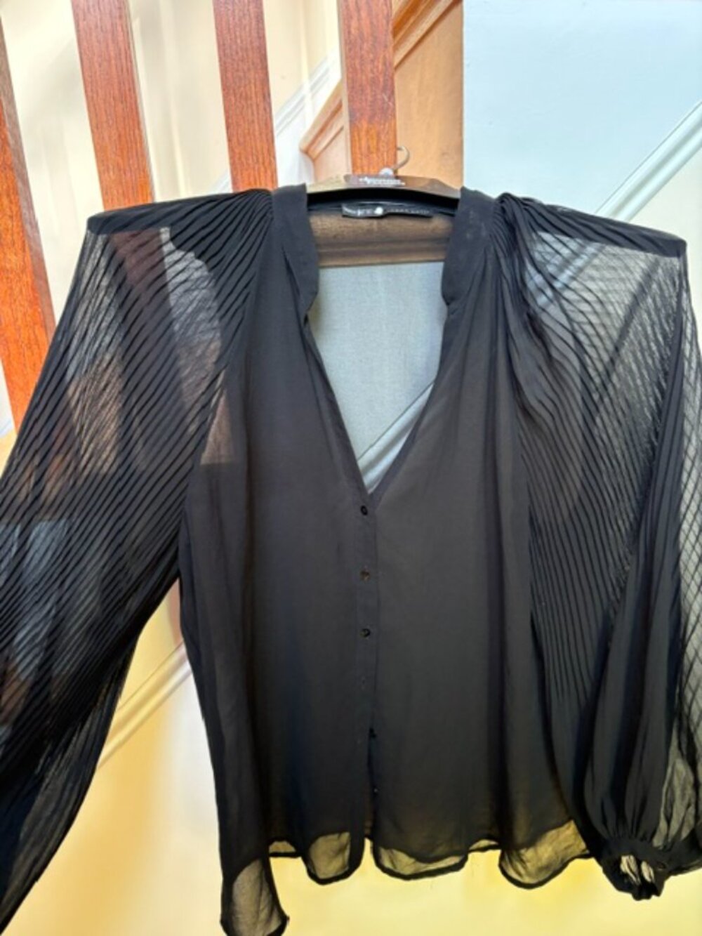 Beautiful Sheer Zara Basics Peasant Pleated Balloon Sleeve Blouse Shirt Size XL